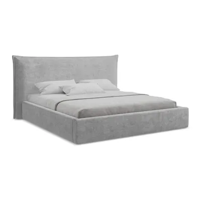 Pat matrimonial gri deschis tapițat cu spațiu de depozitare cu somieră 180x200 cm Esala – Makamii