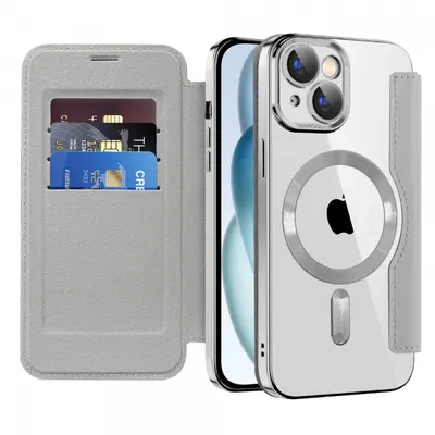 Husa MagSafe pentru Apple iPhone 15 Plus, Techsuit, SmartMag Book, Gri