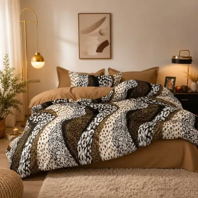 Lenjerie pat dublu cu Elastic - 3 Bucati 219 Lei - - 3 Bucati 219 Lei - Bej Maro animal print