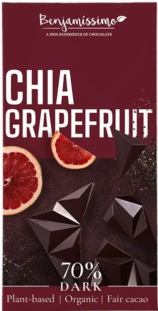 Ciocolată neagră vegană organică cu chia și grapefruit, 60 g, Benjamissimo