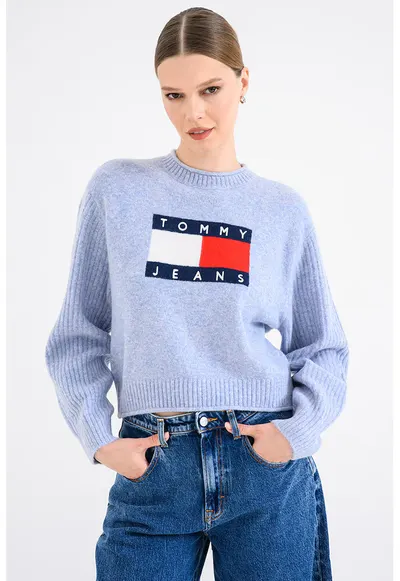 Pulover cu decolteu la baza gatului si logo - Albastru lavanda