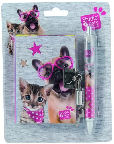Set jurnal secret cu pix Paso Studio Pets - Catel cu ochelari in forma de inimioara