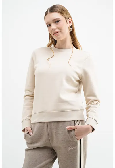 Bluza de trening cu decolteu la baza gatului si logo - Crem