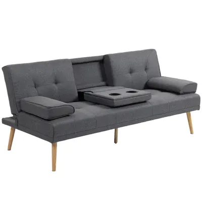 HOMCOM Canapea Extensibilă cu 3 Locuri, 2 Cotiere Detașabile, Covoraș Antiderapant și Imitație In și Lemn, 181x77x72 cm, Gri Închis | Aosom Romania