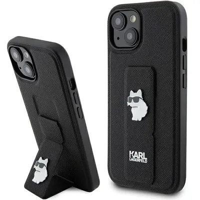 Husa MagSafe pentru Apple iPhone 15 Plus, Karl Lagerfeld, Saffiano Gripstand Choupette, Neagra