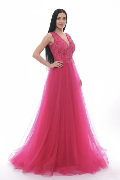 Rochie de seara lunga de tulle ciclam