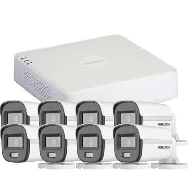 Sistem supraveghere exterior Hikvision ColorVu Hybrid Light KIT-HK-8EXT2MP20IRLA, 2 MP, 2.8 mm, IR/lumina alba 20 m, microfon
