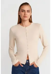 Cardigan Femei - cu guler rotund - nasturi - Bej Natural - tricotat din viscoza - acril si elastan
