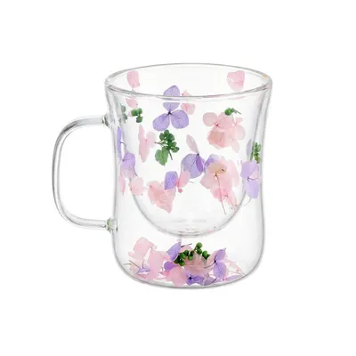 Cană cu inserție de flori uscate, hortensie mov și roz, pereți dubli, sticlă borosilicată, 200 ml, Aurora Bloom