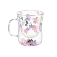 Cană cu inserție de flori uscate, hortensie mov și roz, pereți dubli, sticlă borosilicată, 200 ml, Aurora Bloom