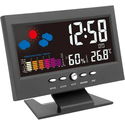 Ceas digital cu termometru si higrometru, control vocal, statie meteo, alarma, snooze, senzor de sunet, ecran LCD