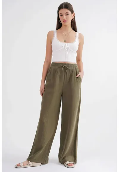 Pantaloni dama - talie inalta - textil - verde kaki - muselina texturata
