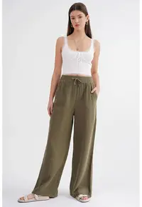 Pantaloni dama - talie inalta - textil - verde kaki - muselina texturata