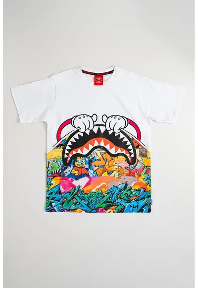 Tricou cu decolteu la baza gatului si imprimeu grafic - Alb/Multicolor