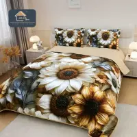 Cuvertura Matlasata, Bumbac Finet, cu Imprimeu 5D, 220x240cm + 2 fete de perna 50x70cm, Bej, Crem, Margarete