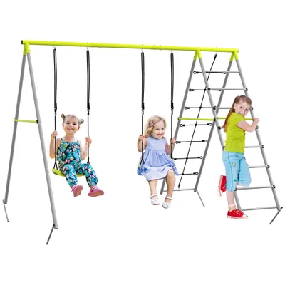 Outsunny 4 în 1 balansoar portic pentru copii cu 2 șezlonguri de balansoar, scară cățărătoare și plasă de escaladă verde | Aosom Romania