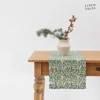 Napron de masă din in 40x200 cm Evergreen Damask – Linen Tales