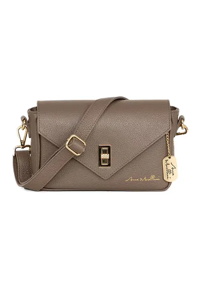 Geanta crossbody din piele cu sistem metalic - Maro taupe