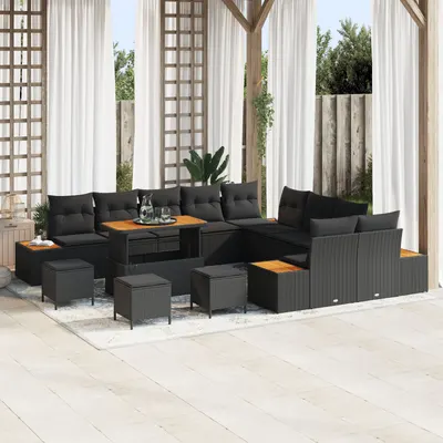 Set de canapele de gradina Gossi 13 piese cu perne ratan negru acacia, set de dining de gradina Gossi 3 piese cu perne ratan negru acacia