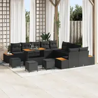 Set de canapele de gradina Gossi 13 piese cu perne ratan negru acacia, set de dining de gradina Gossi 3 piese cu perne ratan negru acacia