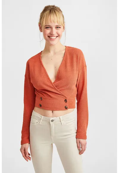 Pulover crop cu decolteu in V - Portocaliu mandarina