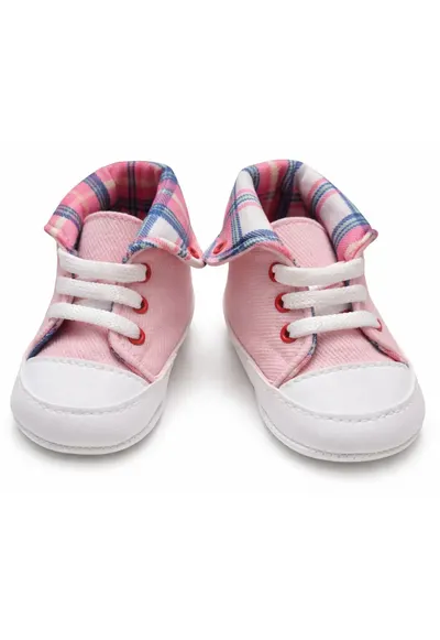 Pantofi bebelusi roz cu siret talpa flexibila guler carouri stil sport casual - Roz - Roz
