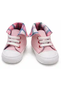 Pantofi bebelusi roz cu siret talpa flexibila guler carouri stil sport casual - Roz - Roz