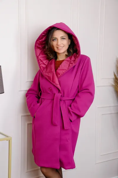Palton dama elegant fuchsia cu gluga captusita