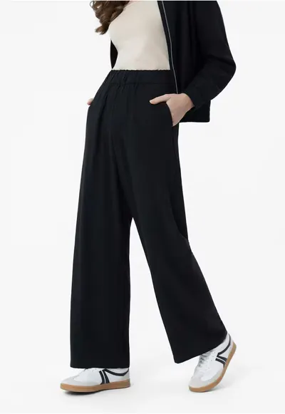 Pantaloni largi dama cu viscoza si in - Comfort Fit - 2 buzunare frontale - talie elastica - R-Nette - negru - Negru