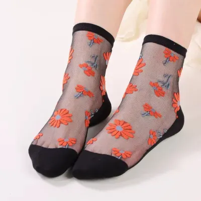 Sosete de dama, SS204, model flori, Negru, marime universala (35-39)