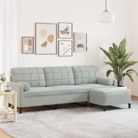 Gossi canapea cu 3 locuri si taburet, gri deschis, 210 cm, catifea