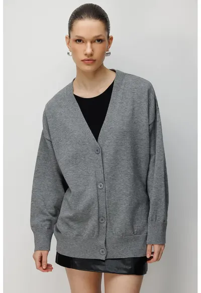 Cardigan lung - gri inchis - tricotat - cu decolteu in V - inchidere cu nasturi - One Size