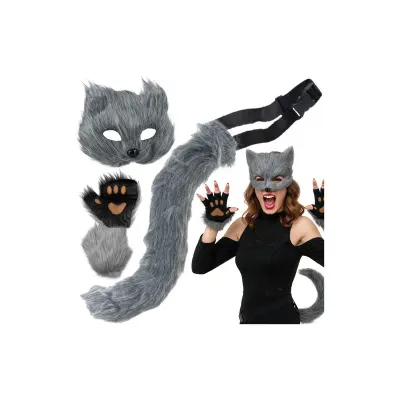 Costum Halloween, set cu masca, manusi, coada de pisica/vulpe/lup, gri