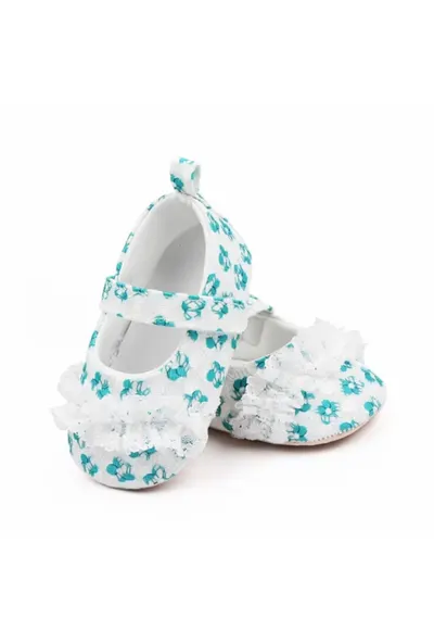 Pantofi Cu Danteluta Si Floricele - Casual - Textil - Fete - Velcro - Alb - Verde