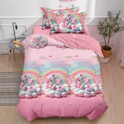 Lenjerie pat 1 PERSOANA, FINET, 4 piese, Roz, curcubeu cu unicorn