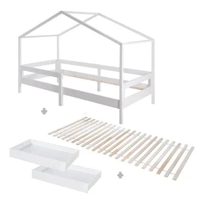 Pat pentru copii alb de tip casă din lemn masiv cu spațiu de depozitare cu somieră 90x200 cm – Roba