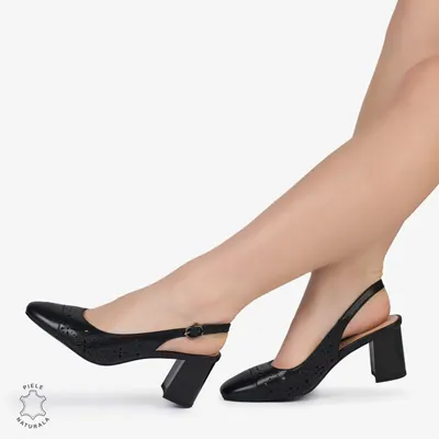 Pantofi Eleganti Dama din Piele Naturala cu Toc Gros si Model Perforat Crl0995 Negru