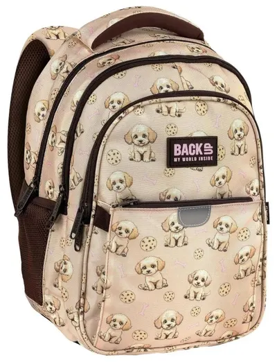 Ghiozdan școlar BackUp 8 P - Beige Dogs, cu 3 compartimente