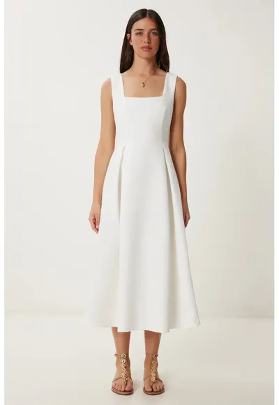 Rochie Midi - Happiness Istanbul - guler patrat - croiala A-line - alb - poliester