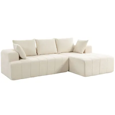 HOMCOM Canapea colțar 256 cm cu șezlong, canapea-extensibilă 3 locuri în chenille formă L, șezut și cotiere late, bej | Aosom Romania