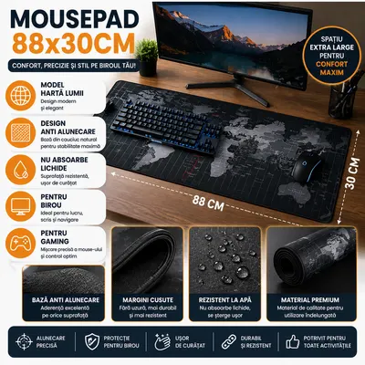 Mousepad gaming/birou, Antiderapant, 880x300 mm, Harta Lumii