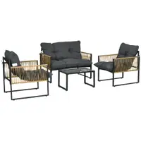 Outsunny Set mobilier grădină 4 piese canapea 2 locuri 2 fotolii și 1 măsuță blat din sticlă securizată 3 perne - gri | Aosom Romania