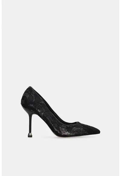 Pantofi din dantela cu varf ascutit si toc stiletto - Negru