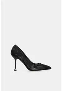 Pantofi din dantela cu varf ascutit si toc stiletto - Negru