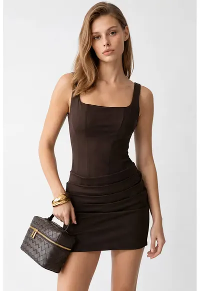 Rochie Mini Bodycon Femei Maro Cafea - Drapaj - Bumbac-Poliester-Lycra