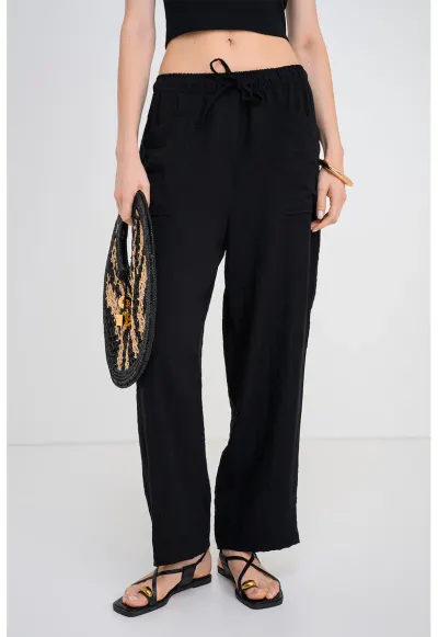 Pantaloni relaxed fit cu snur de ajustare in talie - Negru