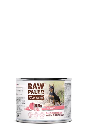 Hrană umedă pentru câini, adult, Raw Paleo Duo Protein, Porc cu Miel și Broccoli, Set 5 X 200g