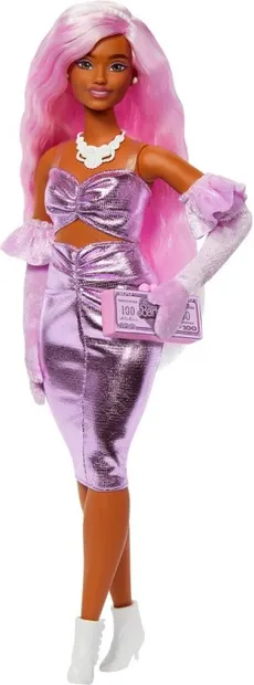 Păpuşă Barbie Deluxe Style -Cu păr lung roz și o rochie mov strălucitoare