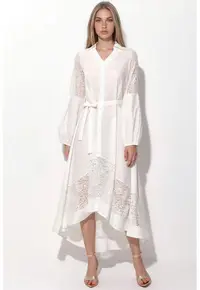 Rochie Midi Femei Alb - Casual - Maneca lunga - Cu curea