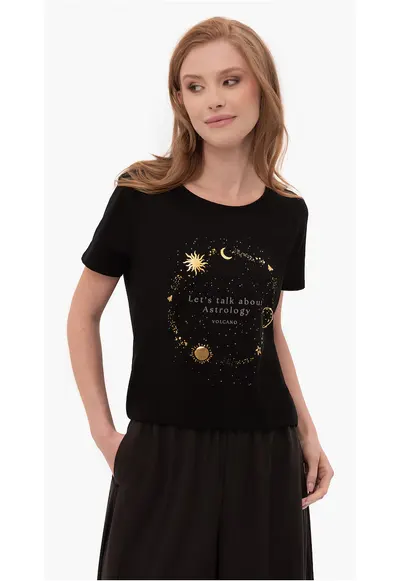 Tricou T-Astro pentru femei - negru cu imprimeu spatial - Negru imprimeu